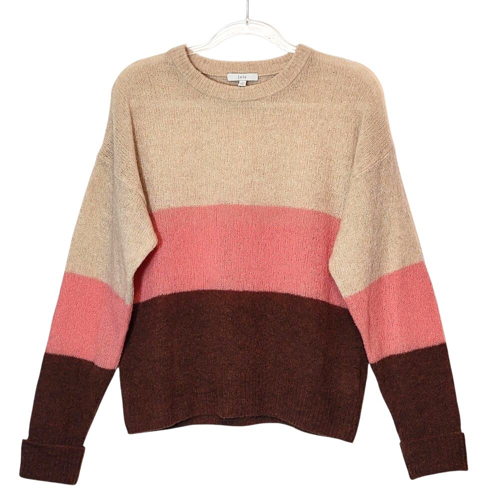 Joie Wool Oversized Colorblock Sweater Crew Neck Tan Brown L Cozy